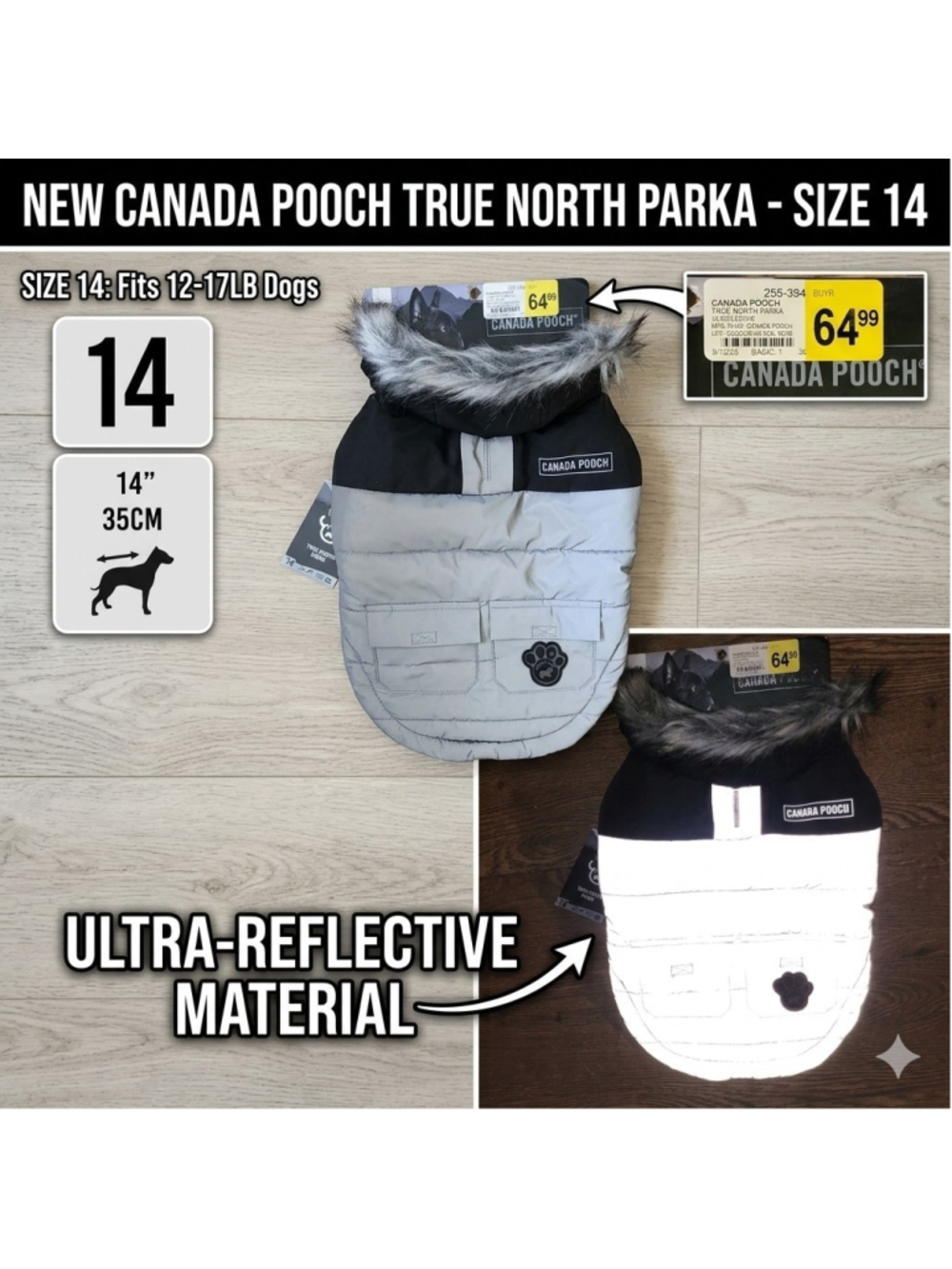 Canada Pooch True North Parka Dog Coat Sz 14 Reflective Silver Black NWT Fux Fur